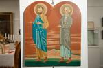 There are six icons depicting the twelve Apostles from an icon wall that stood in the Holy Ghost Ukrainian Catholic church as early as the 1950s. Here are two of them.