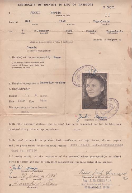 Julie Dzaich shared her mother's travel documents used to come to Canada as a displaced person in the aftermath of WWII.