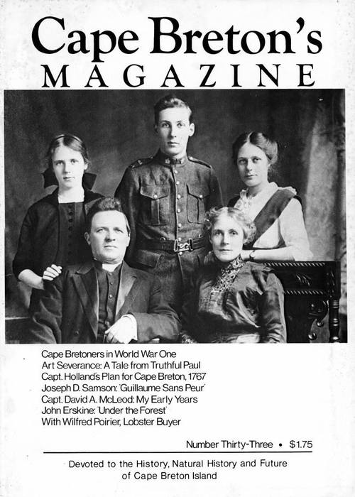 The cover page for Cape Breton's Magazine Issue 33 that featured stories of Cape Bretoners who fought in World War I. The article includes an interview with Kristopher Mayich., a central figure within the Whitney Pier Croatian community.