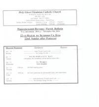 Church bulletin for November 9, 2014 featuring announcements, future events, gospel and epistle reading.