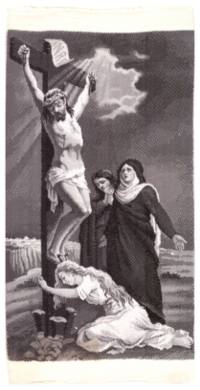 Cloth with image of the crucifixion of Jesus and Mary Magdalene at the feet.