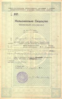 Colloquium certificate for studies at the Greek-Catholic theological academy in Lvov, Poland