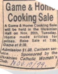 Article advertising Game & Home Cooking Sale being held at the Ukrainian Hall, sponsored by the U.C.W.C