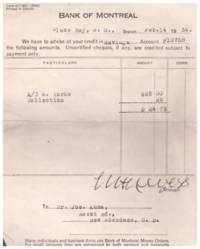 Bank statement to Joseph Kuna from the Bank of Montreal in Glace Bay, NS