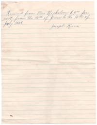 Receipt of payment for rent to Joseph Kuna from Mrs. Nickeloan. 