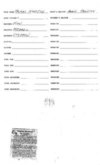 Family genealogical records of Thomas Myketyn, including wife’s maiden name, brother, sister and their spouses' information as well as any children. Includes obituary for Stephen Myketyn.