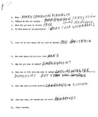 Questionnaire about arrival to Sydney for Mary Paruch Mahalik.