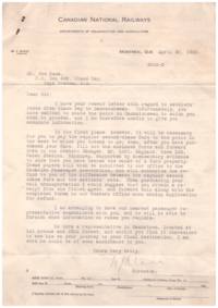 Letter to Joseph Kuna from Canadian National Railway: Department of Colonization and agriculture regrading J. Kuna's desire to migrate to Saskatchewan, replying to Kuna's letter.